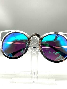 Merrys S8064 Cat Eye Sunglasses Silver Metal Frames Mirrored Blue Purple Lens